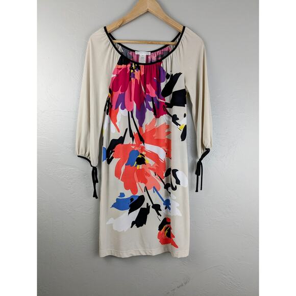 LONDON TIMES 3/4 Sleeve Floral & Tan Shift Dress Size 4 - Picture 2 of 9